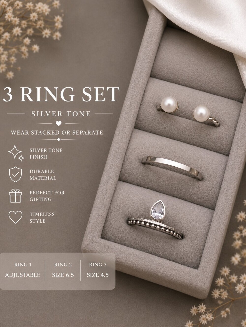 3-Piece Women’s Ring Set with Pearl and Teardrop Stone